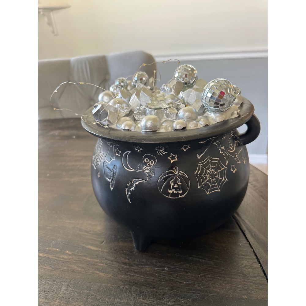 Halloween Cauldron Disco Ball Light Up Centerpiece Silver Black Spooky Decor